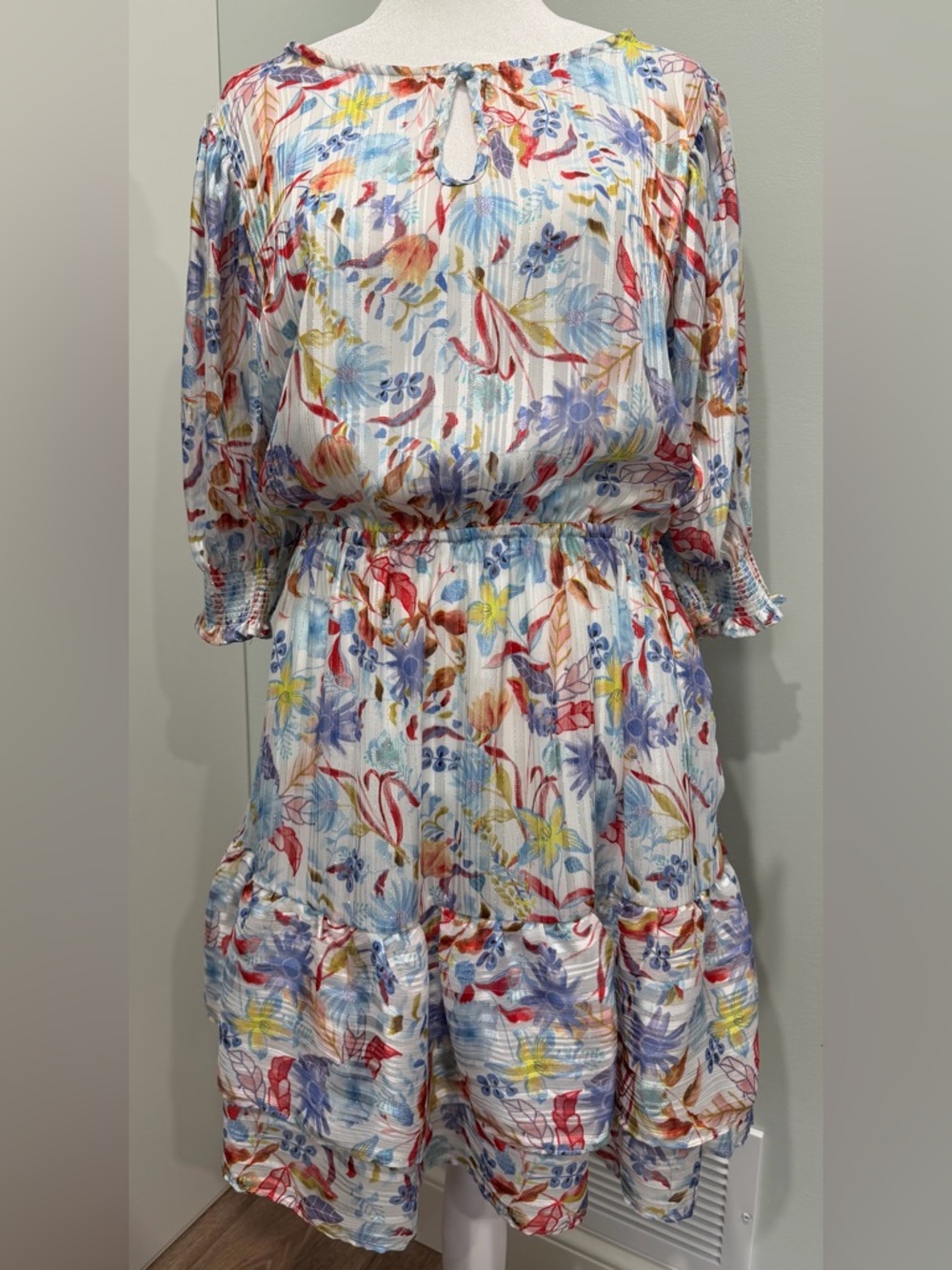 Melloday Floral Print Tiered Ruffle Mini Dress Smocked Waist Shimmer Large